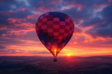 Obraz premium A hot air balloon silhouetted against a vibrant sunset sky, with hues of orange, pink, and purple blending together.