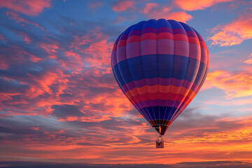 Fototapeta premium A hot air balloon silhouetted against a vibrant sunset sky, with hues of orange, pink, and purple blending together.