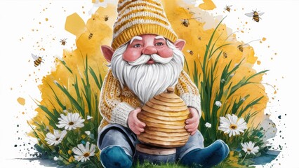 A dwarf in a yellow and white knitted outfit holding a beehive in his hands.