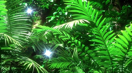   A verdant woodland abounds in abundant foliage, bathed in radiant sunlight upon leafy canopies
