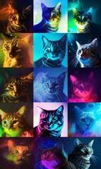 A collage of various cats bathed in striking neon lights, offering a modern and artistic take on pet portraits