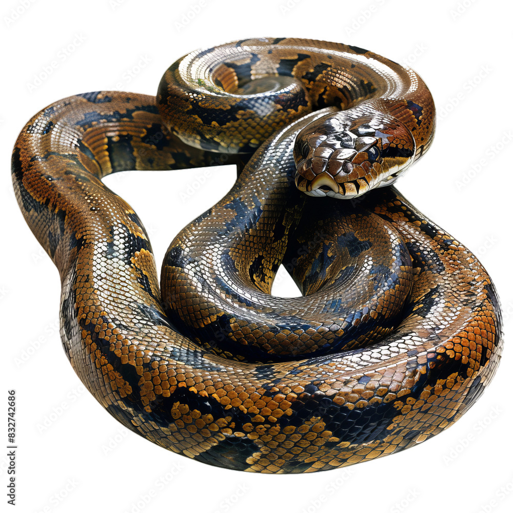 Poster closeup of a python snake coiled up, isolated on transparent background with clipping path