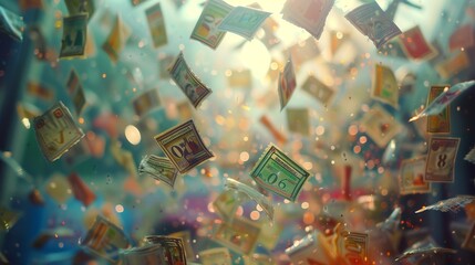 Various lottery tickets thrown into the air against the backdrop of flying confetti. Festive background, Lottery winning