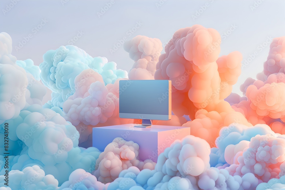 Poster 3d illustration of a computer on top, surrounded by many clouds in the style of minimalistic composi
