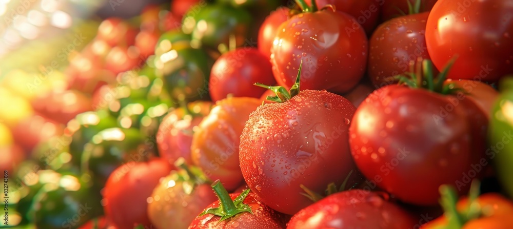 Poster fresh vegetables close up in shop window with blurred background and space for text