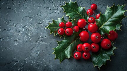   A holly plant with red berries and green leaves against a dark background, featuring water droplets on the image's surface - Powered by Adobe