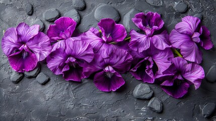   A cluster of violets atop a dark slate outcropping amidst a heap of gray boulders