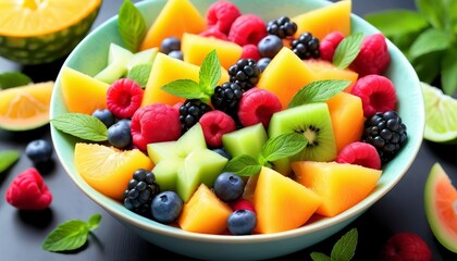A bowl of fresh fruit salad featuring a mix of melon, berries, and mint leaves, showcasing a healthy and colorful snack option, perfect for summer enjoyment.. AI Generation