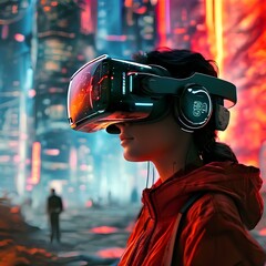 a virtual reality headset is shown. Holographic elements float around, showcasing various 3D avatars and virtual landscapes