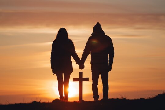 A couple holding hands with the silhouette of an Easter cross in between them, symbolizing love and unity during Good Friday celebration Generative AI
