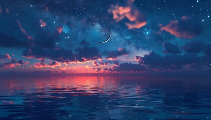 A beautiful night sky with stars and a crescent moon, reflecting on the calm water surface
