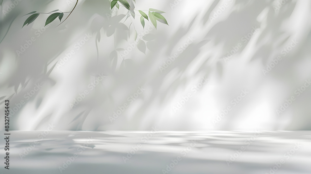Poster Minimalistic light background with blurred foliage shadow on a white wall. Beautiful background for presentation with with smooth floor.
