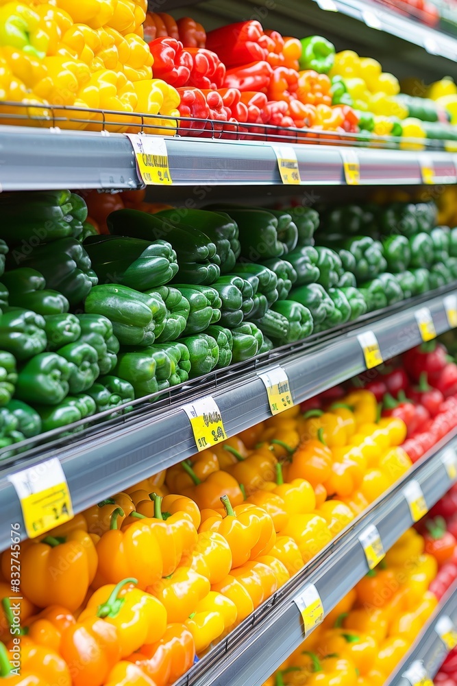 Poster fresh vegetables close up display in shop window with blurred background and space for text