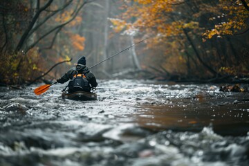 Kayak Angler Reeling in Fish on Scenic River