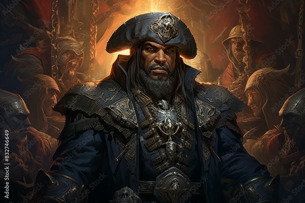 Poster A legendary and feared pirate captain, commanding a crew of cutthroats and plundering the high seas. - Generative AI