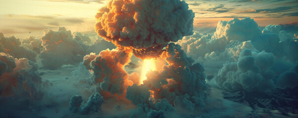 Stunning digital illustration of a nuclear blast and fiery sky at sunset