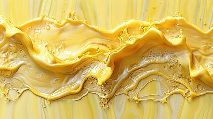   A painting featuring yellow and white with yellow swirls and water droplets on a white surface