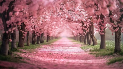 Serene cherry blossom trees in peaceful rows their fragile pink blooms announcing the start of spring
