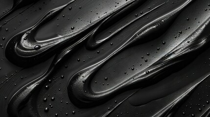   Black & white photo of water droplets on black leather with droplets on top