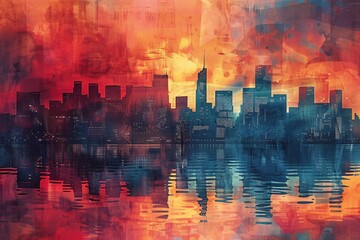 Fototapeta premium City skyline painting red sky water