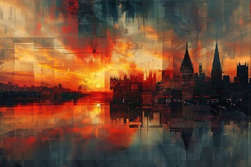 Obraz premium Cityscape sunset painting