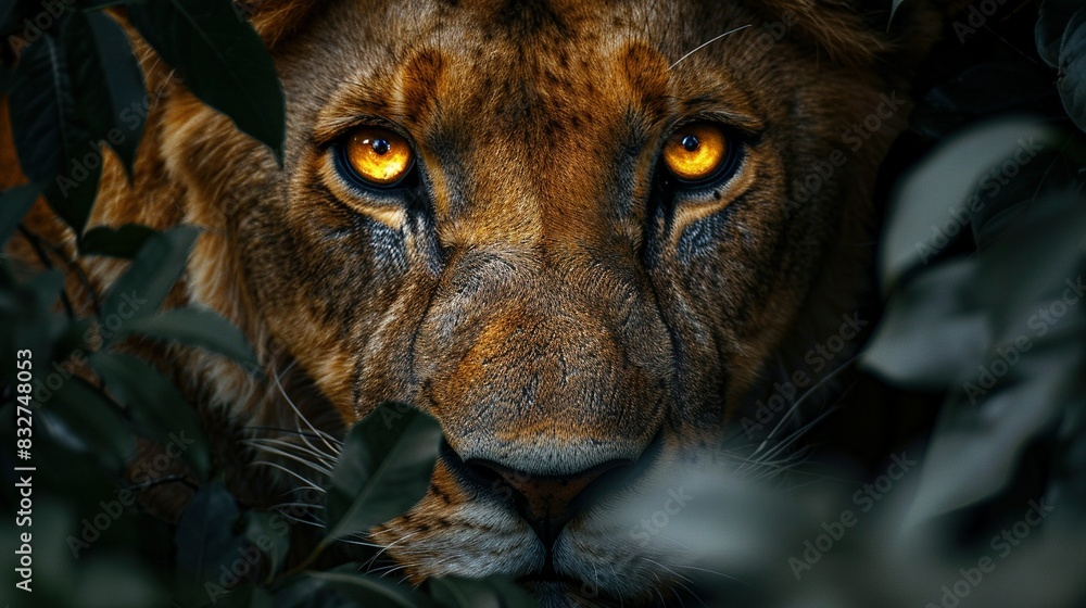Poster a zoomed-in image of a lion's face surrounded by foliage in the front, with background trees