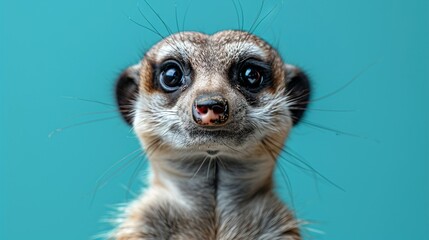   Meerkat facing camera, blue background close-up