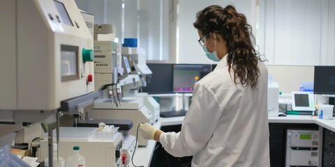 Lab technician in the lab, back view, preparing samples for testing, surrounded by advanced lab instruments