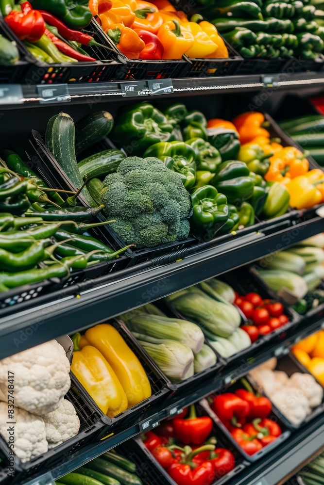 Aufkleber fresh vegetables close up display in shop window with blurred background and space for text