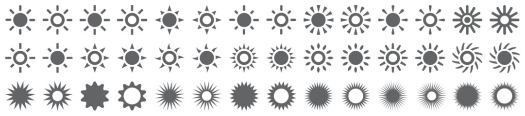 Set of sun icons. Sunshine, solar symbol. Sunset, summer, sunrise, sun shine, screen brightness. Decorative circle with rays. Vector.