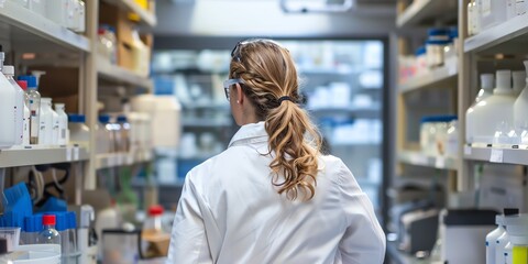 Obraz premium Lab technician in the lab, back view, organizing lab equipment, with test tubes and beakers on the bench
