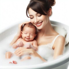 Mother and baby In the bathtub in foam Isolated on white background