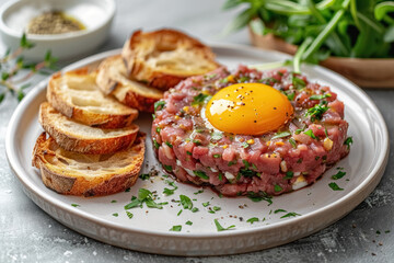 Close up of tartare raw from veal fillet with egg yolk and toasted bread, professionally served on white plate against background of gray concrete, an exquisite dish of fresh chopped meat