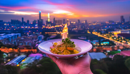 someone enjoying their meal with a background of a busy cityscape. deliciously has him to taste; focus on photography in hand

