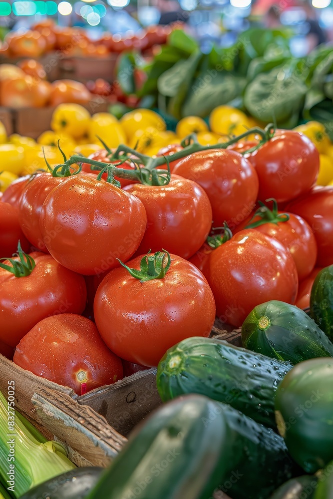Poster fresh vegetables display in shop window with copy space, blurry background for text placement