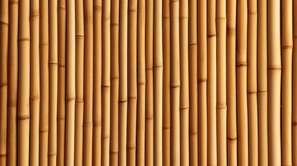 Fototapeta premium Beige bamboo stems wall, decorative, natural background, vertical fence, banner with texture pattern, organic eco friendly material