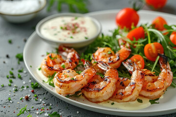 Grilled shrimp with white sauce and green salad with tomatoes on white plate and gray concrete background, delicious and healthy seafood
