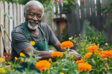 Senior African American man gardening with a smile, surrounded by vibrant flowers.