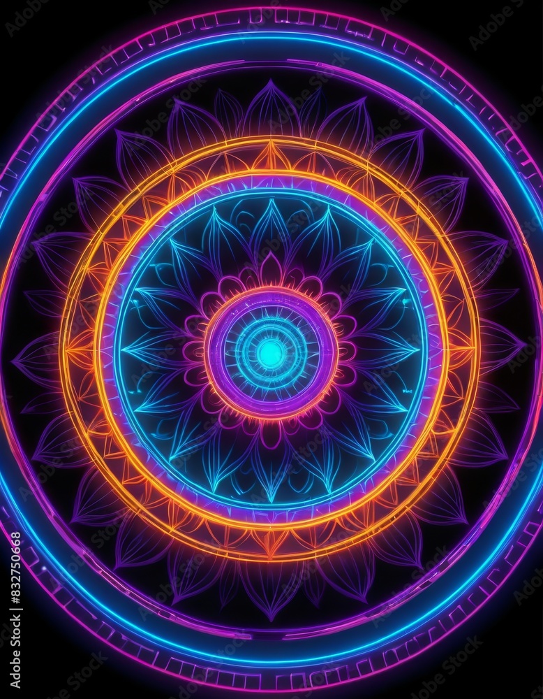 Poster vibrant neon mandala art with intricate patterns, featuring a multicolor gradient on a black backgro