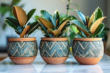 Three houseplant rubber ficus trees in clay pots with pattern on table near window, an interesting hobby cultivation of indoor flowers