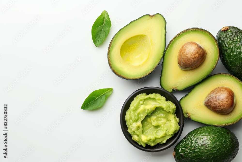 Poster top view of mashed avocado with ample space on the left side for including descriptive text