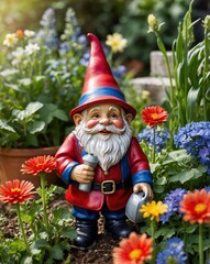 A Cheerful Garden Gnome with a Red Hat and Blue Jacket Holding a Watering Can Surrounded by Colorful Flowers