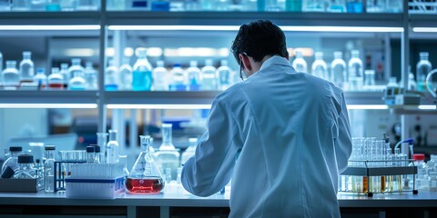 Lab technician in the lab, back view, organizing lab equipment, with test tubes and beakers on the bench
