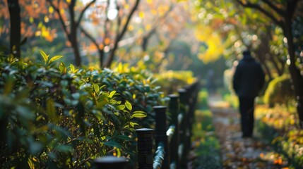 Blurry figure of man near Green Hakka tea fence in botanical garden - Powered by Adobe