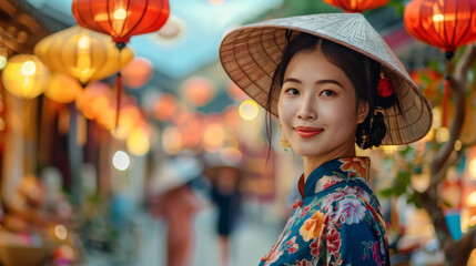 Asian woman wearing traditional at ancient town