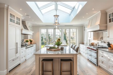Bright kitchen with skylights and a large central island.