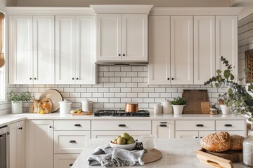 Bright kitchen with white cabinetry and subway tile backsplash.