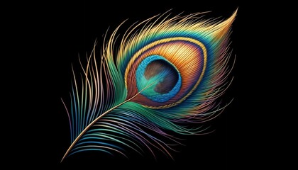 Vibrant Peacock Feather on Black Background