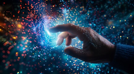 A hand touching a vortex of data and digital, with colorful dots spinning around it