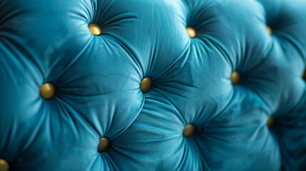 A blue velvet couch with gold buttons